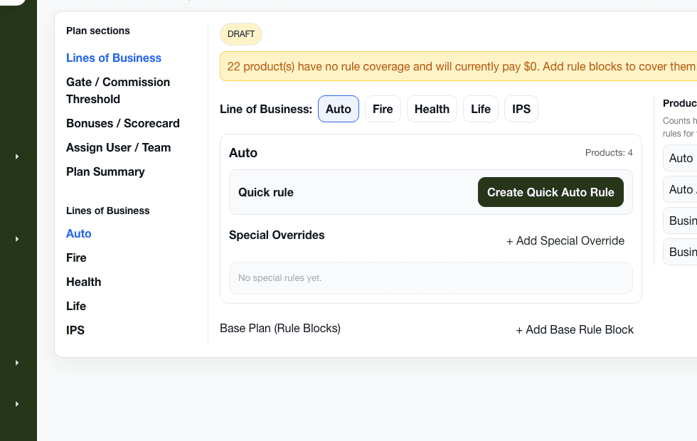 TrackToWin commission builder showing a live compensation workflow