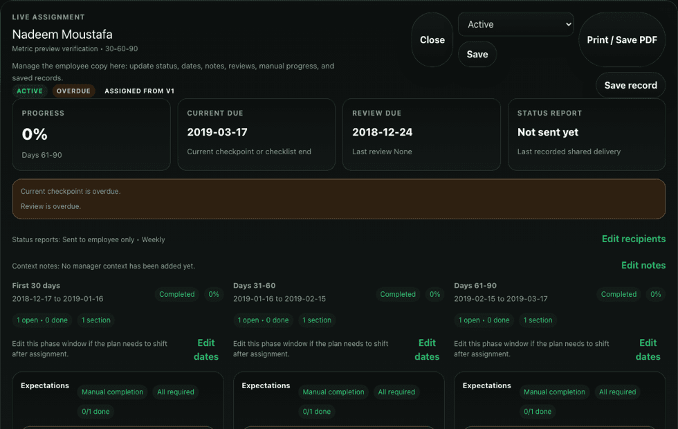 TrackToWin 30-60-90 development plan canvas with First 30 days, Days 31-60, and Days 61-90 checkpoints