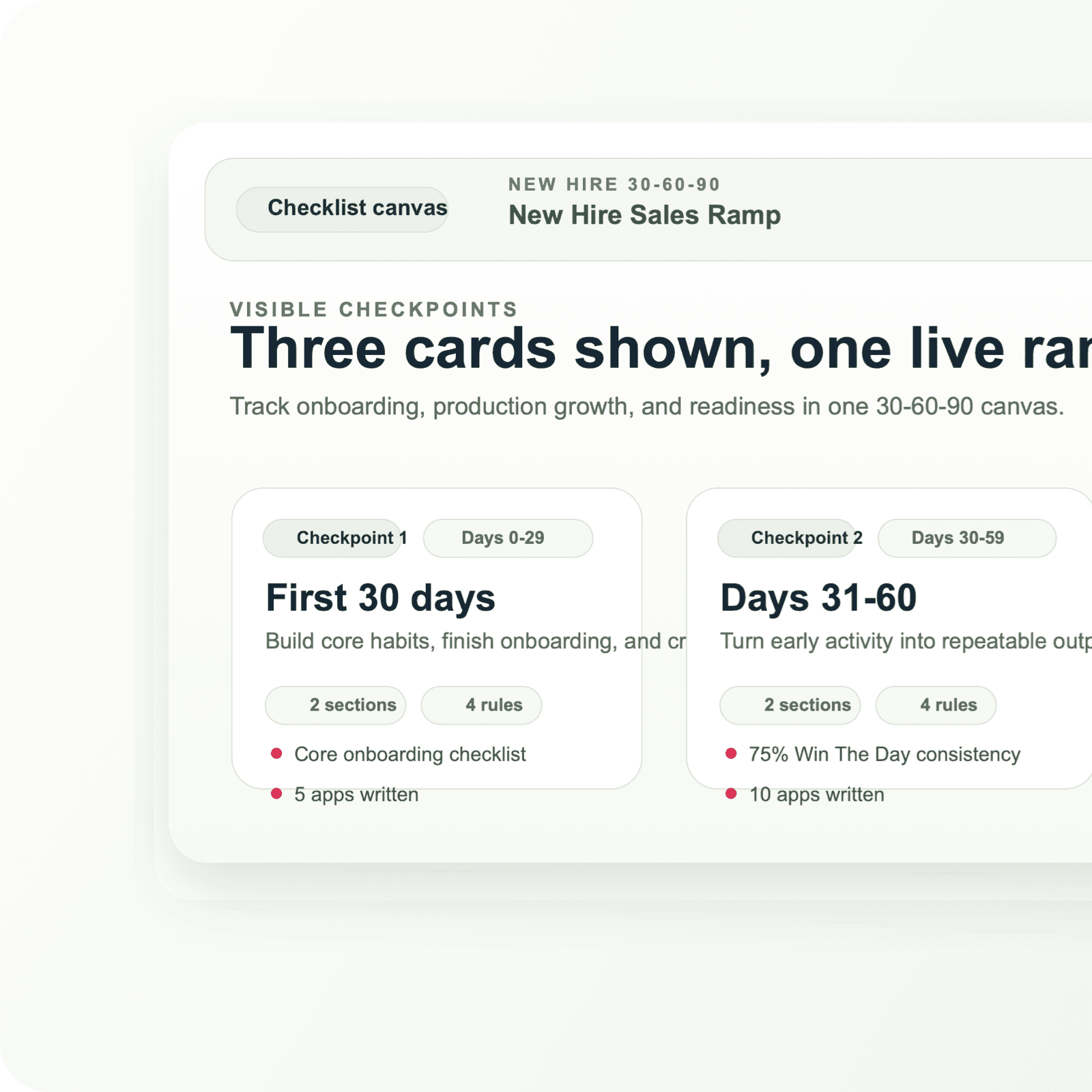 TrackToWin 30-60-90 development plan canvas with First 30 days, Days 31-60, and Days 61-90 checkpoints