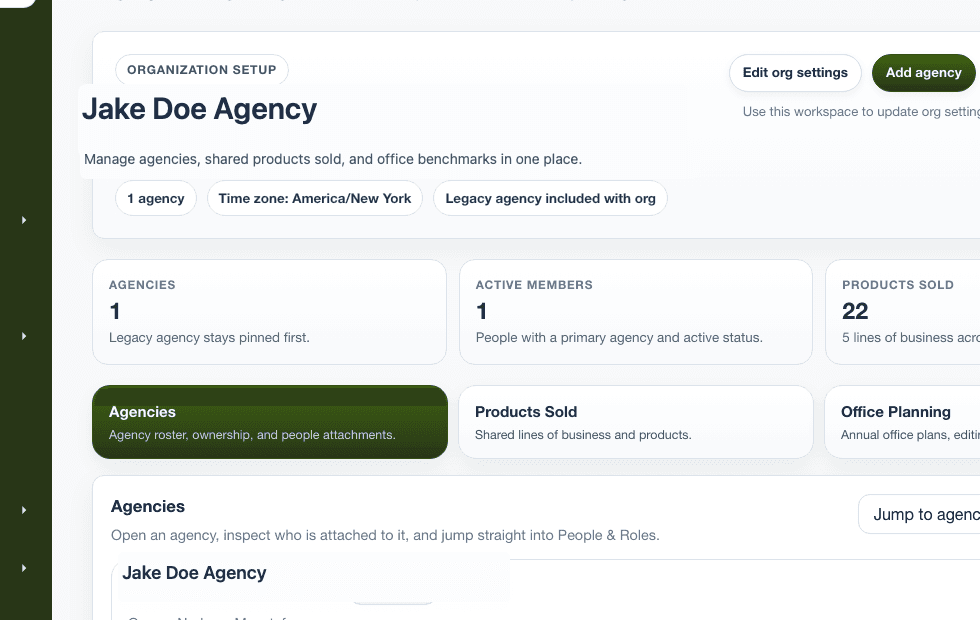 TrackToWin office planning and agency setup workspace